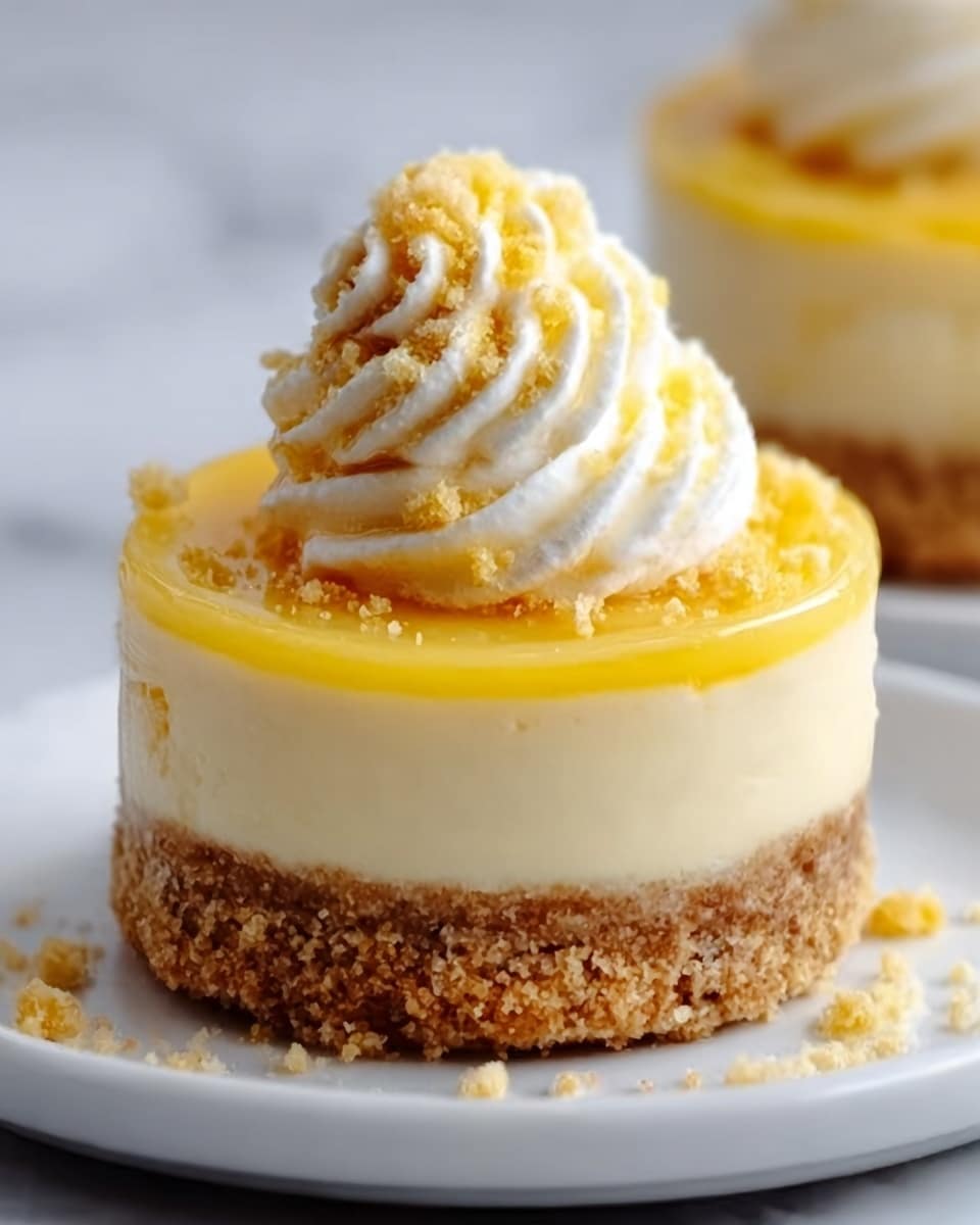 The image shows a small round cheesecake with three clear layers on a white plate. The bottom layer is a light brown crumb crust, rough and crumbly in texture. The middle layer is a smooth, creamy pale yellow cheesecake filling. The top layer is a thick, bright yellow glaze with a glossy look. On top of this, there is a swirl of white whipped cream that looks soft and fluffy, and some small yellow cake crumbs sprinkled around as decoration. The background is a white marbled texture, soft and clean. Photo taken with an iphone --ar 4:5 --v 7