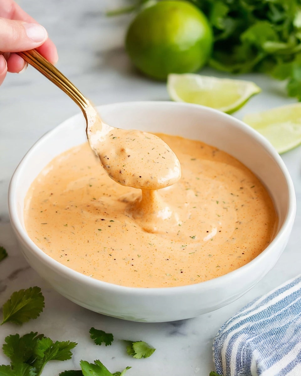 A close-up image of a white bowl filled with a thick, creamy sauce that is light orange in color with small specks of spices throughout. A spoon with a gold handle is scooping the sauce, held by a woman's hand visible near the top left corner. The bowl is placed on a white marbled surface, with green lime pieces and green herb leaves softly blurred in the background. The sauce looks smooth and rich in texture. Photo taken with an iphone --ar 4:5 --v 7