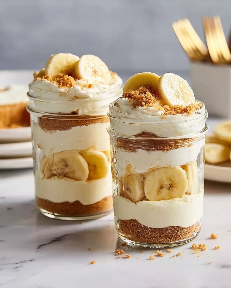 Two clear glass jars are filled with a layered dessert. At the bottom, there is a brown crumb layer, topped with a thick white cream layer. Above the cream, slices of banana are placed around the sides, followed by a brown cake-like layer in the middle. Another thick white cream layer sits on top of the cake layer, with more banana slices placed on top. The jars are finished with a sprinkle of crumbled brown crumbs. The background shows a white marbled texture with some scattered crumbs and blurred items. Photo taken with an iphone --ar 4:5 --v 7