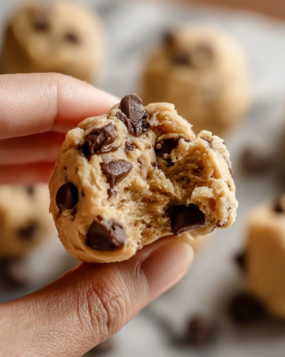 A close-up image of a soft, chunky cookie dough bite held by a woman's hand, showing a view of its rough texture with embedded dark brown chocolate chips scattered within the light beige dough. The bitten part reveals a dense, slightly sticky inside with visible chocolate chunks and a moist consistency. In the blurry background, more similar cookie dough bites rest on a surface with a white marbled texture. The photo captures the small details and textures of the dough and chips clearly. photo taken with an iphone --ar 4:5 --v 7