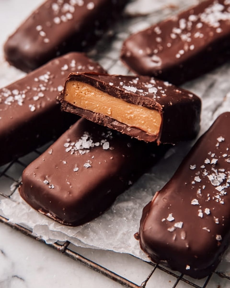 The image shows four chocolate-covered bars placed on a white marbled surface, with one bar cut in half to reveal its inner layers. Each bar has a smooth, dark chocolate outer layer sprinkled lightly with small white salt flakes. Inside, there is a thick, creamy beige filling topped by a thin golden-brown layer that looks crunchy or caramelized. The bars rest on a dark wire cooling rack, creating contrast with the white marbled background. The whole scene looks warm and inviting, emphasizing the texture of the chocolate and the soft filling inside. photo taken with an iphone --ar 4:5 --v 7