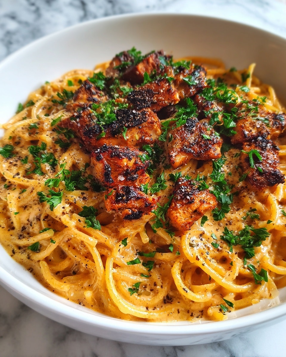 A white bowl filled with creamy pasta as the base layer, coated in a smooth, light orange sauce with visible black pepper specks. On top of the pasta, there are several pieces of grilled chicken with a golden-brown char and some crisp edges, adding texture and color contrast. Fresh green parsley leaves are scattered mainly in the center and on the chicken, giving a pop of bright color. The dish sits against a white marbled background, highlighting the warm tones of the food. photo taken with an iphone --ar 4:5 --v 7