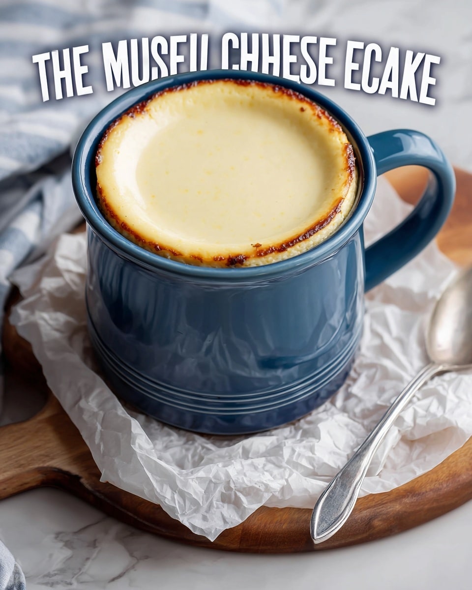 A single-layer cheesecake with a smooth, creamy pale yellow top and lightly browned edges sits inside a blue ceramic mug with a curved handle, placed on crumpled white paper over a wooden board. A silver spoon rests to the right of the mug, all set against a white marbled surface background. Photo taken with an iphone --ar 4:5 --v 7