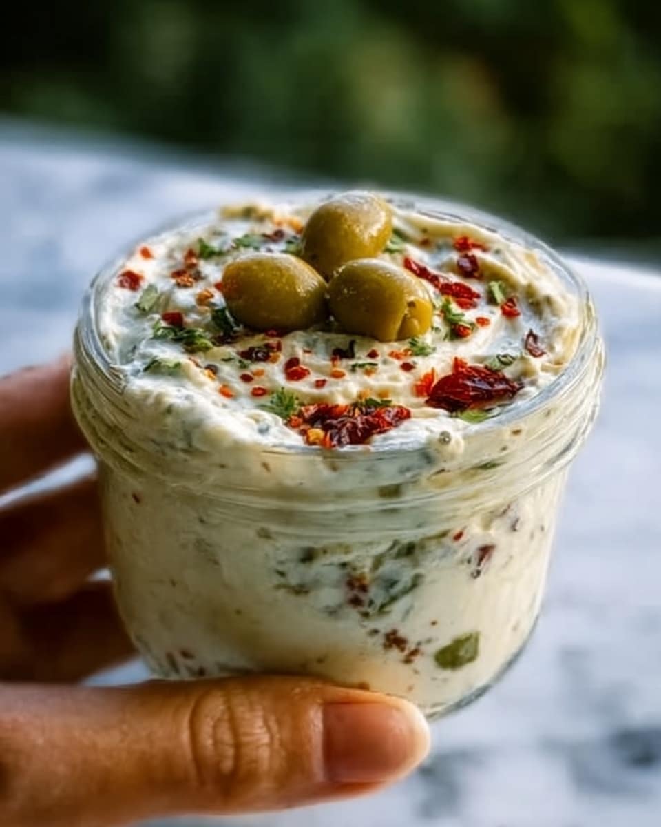 A clear glass jar filled with three visible layers of a creamy dip. The bottom layer is white with small green and red specks. The middle layer is thicker and white with more green herbs and small red pieces mixed evenly. The top layer has a dollop of the same creamy mixture, decorated with three green olives, some red bits, and a sprinkle of green herbs. A woman's hand holds the jar from below. The background is a white marbled texture. photo taken with an iphone --ar 4:5 --v 7