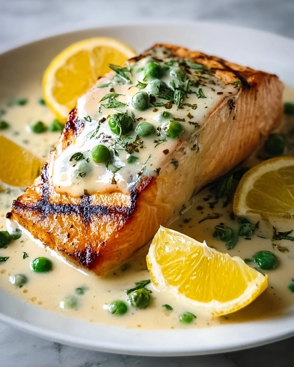 A thick piece of grilled salmon with a golden-brown, slightly charred top layer sits in the center of a deep white bowl, covered in a creamy light beige sauce with visible green peas and chopped herbs scattered on top. Several small, halved yellow lemons are nestled in the sauce around the salmon, adding pops of bright yellow. The sauce has a smooth texture, pooling gently around the fish. The background is a white marbled texture. photo taken with an iphone --ar 4:5 --v 7