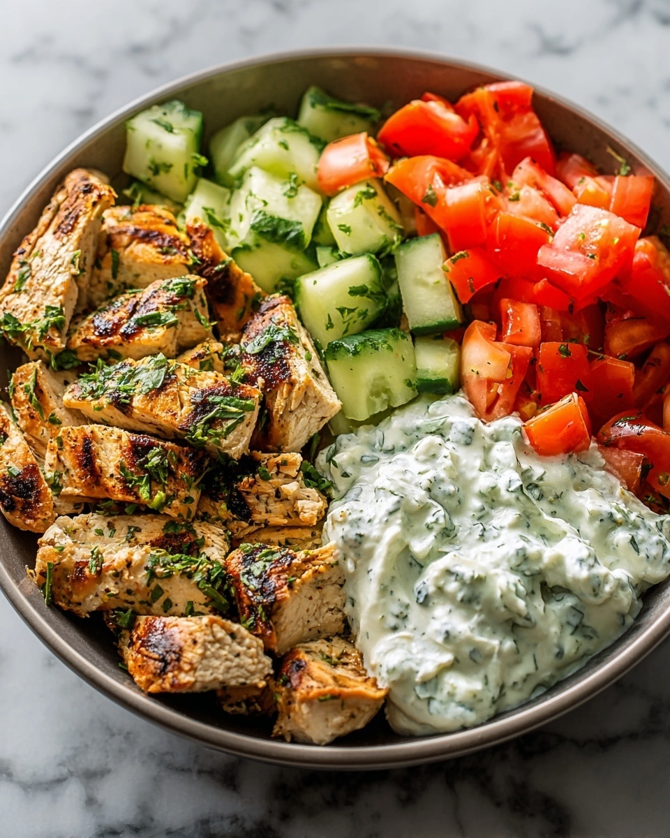A bowl with four clear sections filled with food on a white marbled textured surface, the first section has grilled chicken pieces that are golden brown with some charred marks, the second has chopped light green cucumbers, the third contains small red tomato chunks, and the fourth is creamy white yogurt mixed with finely chopped herbs, topped with a sprinkle of fresh green chopped parsley. photo taken with an iphone --ar 4:5 --v 7