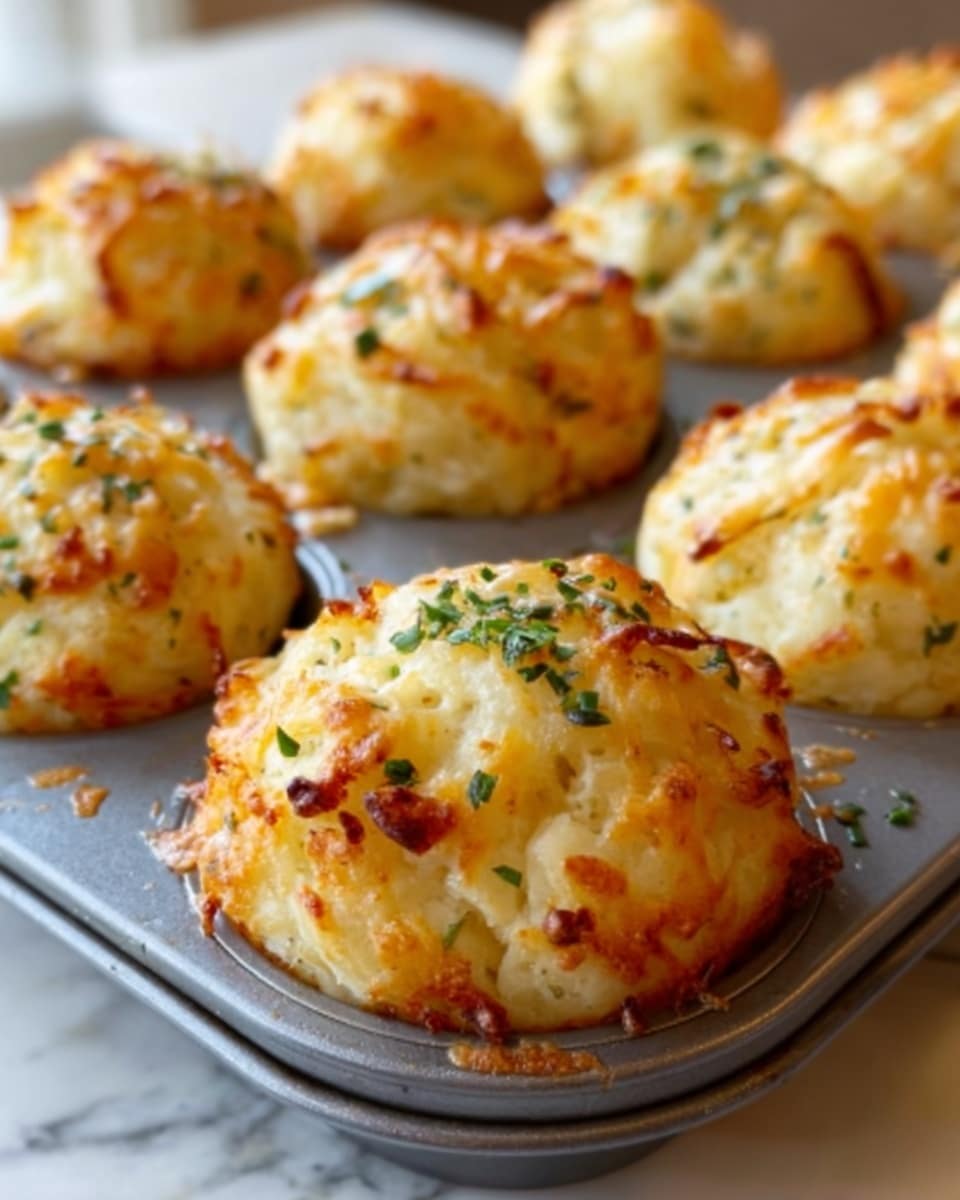 The image shows a close-up of golden-brown baked cheesy muffins in a silver muffin tin. Each muffin has a slightly rough, crispy top with melted cheese and small green herb pieces sprinkled on it. The muffins are round and fluffy with a soft texture seen under the browned cheese crust. The background is a white marbled surface that is blurry, keeping the focus on the muffins. Photo taken with an iphone --ar 4:5 --v 7