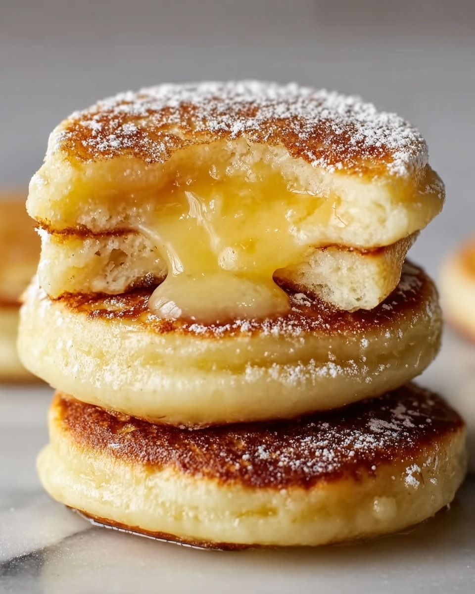 A close-up image shows a stack of three thick, round pancakes on a white marbled surface. The top pancake is cut in half, revealing a soft, gooey, yellow custard filling that looks smooth and creamy. Each pancake layer has a golden-brown surface with a slightly crispy texture, while the sides are soft and pale. A light dusting of powdered sugar is sprinkled lightly on the top pancake. The overall look is warm, inviting, and rich. Photo taken with an iphone --ar 4:5 --v 7