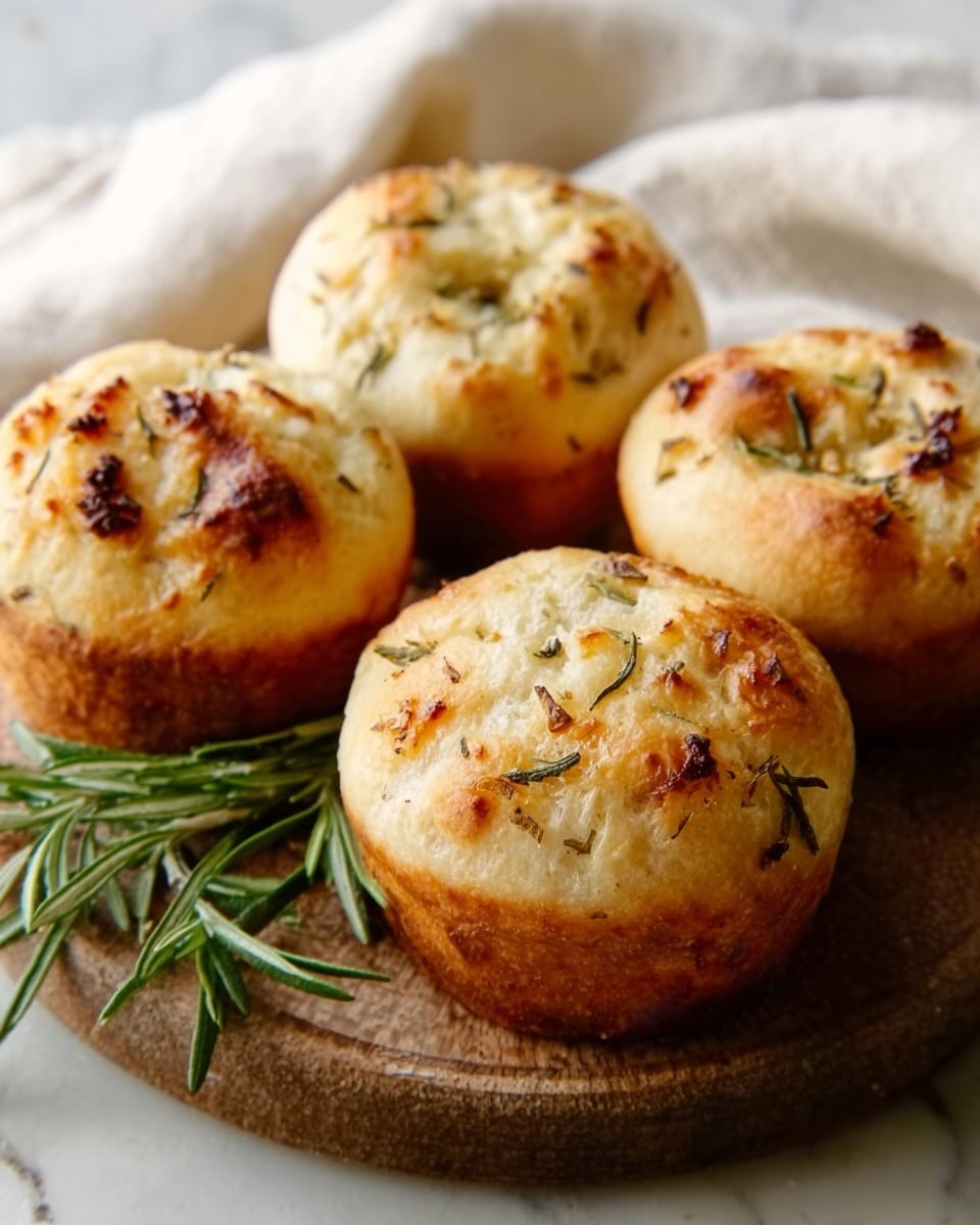 Four golden brown muffins sit closely together on a round wooden board, each topped with melted cheese and small bits of herbs, giving a slightly crispy and textured surface. The muffins have a soft, fluffy texture with a slight shine and small browned spots on top. The wooden board is placed over a white marbled surface, with a cream-colored cloth partially visible at the corner. photo taken with an iphone --ar 4:5 --v 7