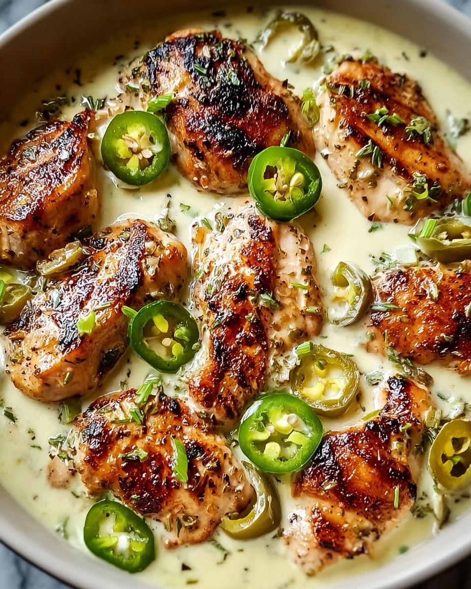 The image shows a close-up of a white bowl filled with pieces of browned chicken in a creamy, pale yellow sauce. There are about eight pieces of chicken, each with a crispy, golden-brown sear on top. Slices of bright green jalapeño peppers with visible seeds are scattered on and around the chicken, adding a pop of color. The sauce looks thick and smooth, with small bits of herbs and pepper sprinkled throughout. The whole dish sits on a white marbled surface, and the lighting highlights the juicy texture of the chicken and the glossy sauce. photo taken with an iphone --ar 4:5 --v 7