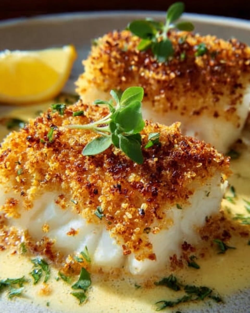 The image shows two thick pieces of white fish with a golden brown crunchy crust on top. The crust looks slightly rough and crispy. Each piece sits on a smooth, light-colored sauce that covers the white marbled surface beneath. Small green herb leaves are lightly scattered around the fish, and a bright yellow lemon wedge is placed in the background. A small green herb sprig sits on one fish piece, adding a fresh touch. The picture is close-up and sharp, showing the texture of the crust clearly. Photo taken with an iphone --ar 4:5 --v 7