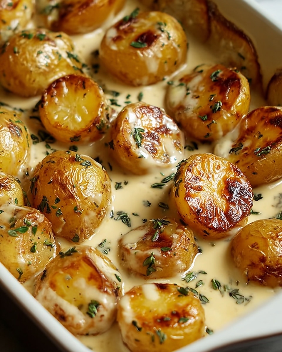 The image shows a close-up of a white dish filled with round potatoes cut in halves, each with a golden brown charred surface on top. The potatoes are covered in a creamy, light beige sauce with a glossy texture. Small green herb pieces are sprinkled evenly on top of the potatoes and sauce, giving a fresh look. The background is softly blurred, with the dish placed on a white marbled surface. photo taken with an iphone --ar 4:5 --v 7