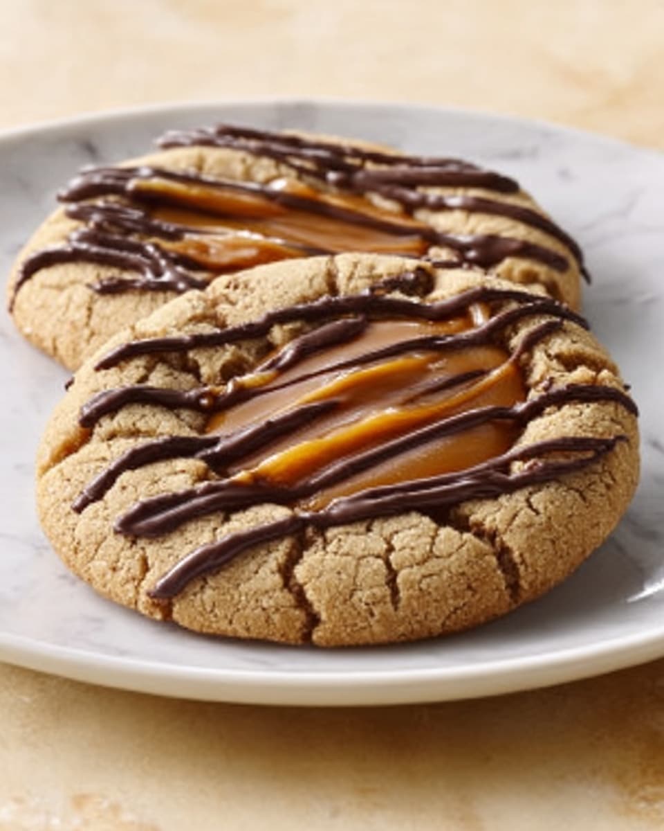 The image shows two round cookies on a white plate placed on a white marbled surface. Each cookie has a light brown base with a smooth, shiny layer of caramel in the center. The caramel is topped with thin dark chocolate lines drizzled across the top, creating a striped pattern. The cookies have a slightly cracked texture around the edges, giving a crunchy appearance. Photo taken with an iphone --ar 4:5 --v 7