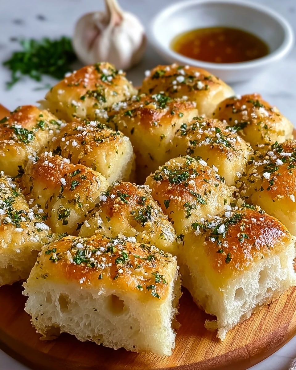 The image shows a round focaccia bread cut into square pieces arranged on a wooden board. Each piece has a golden-brown top layer sprinkled with chopped green herbs and coarse salt, giving a slightly crispy texture. The inside is soft and fluffy with a white, airy texture visible in the cut sections. The wooden board sits on a white marbled surface, with a small blurred white bowl in the background holding a light brown dipping sauce. photo taken with an iphone --ar 4:5 --v 7
