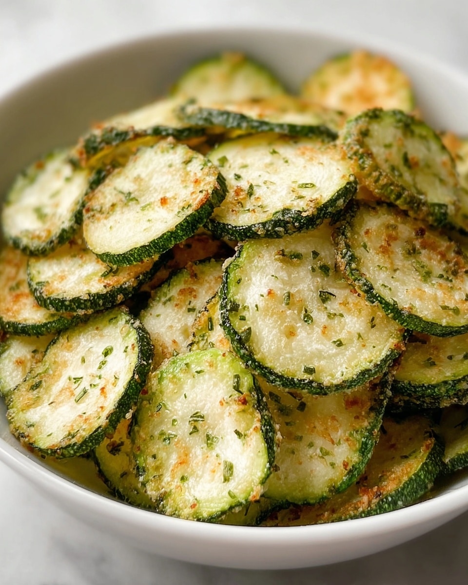 A close-up view of a white bowl filled with multiple thin, round slices of zucchini chips. Each chip has a green outer edge with a light yellow to slightly crisped white center, speckled with tiny green herb flakes and a light golden toasted texture. The slices are layered loosely, overlapping and stacked randomly, showing a mix of flat and tilted angles that highlight their light crispiness and seasoned surface. The bowl sits on a white marbled texture. Photo taken with an iphone --ar 4:5 --v 7
