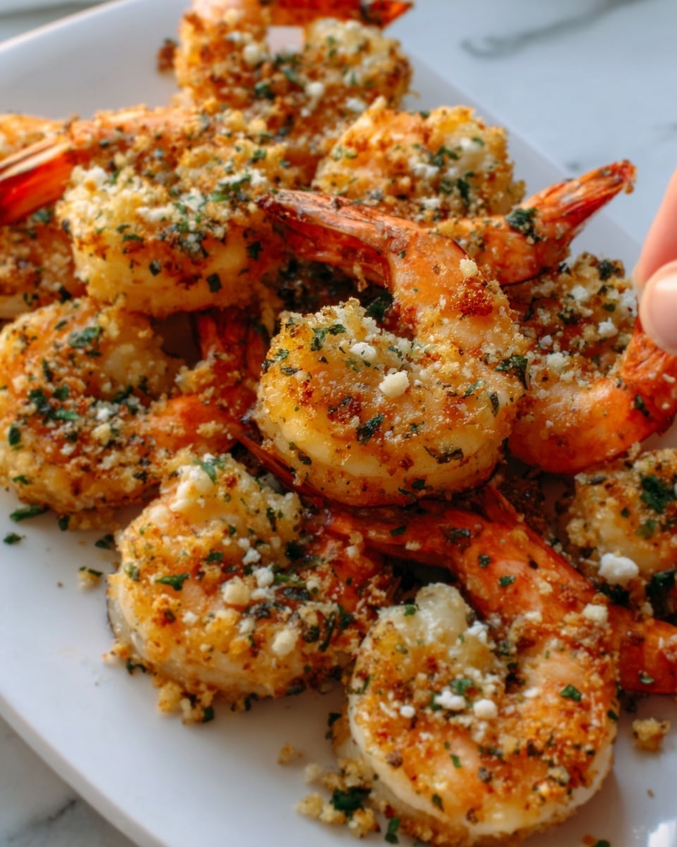 The image shows a close-up of a white plate filled with cooked shrimp arranged in a loose cluster. Each shrimp is coated with a golden, slightly crispy crumb topping mixed with small green herbs and tiny bits of white garlic or cheese. The shrimp’s orange-pink shells peek through the crumb layer, adding a shiny texture. The background is a white marbled surface, and a woman’s hand is reaching for one shrimp on the edge of the plate. Photo taken with an iphone --ar 4:5 --v 7