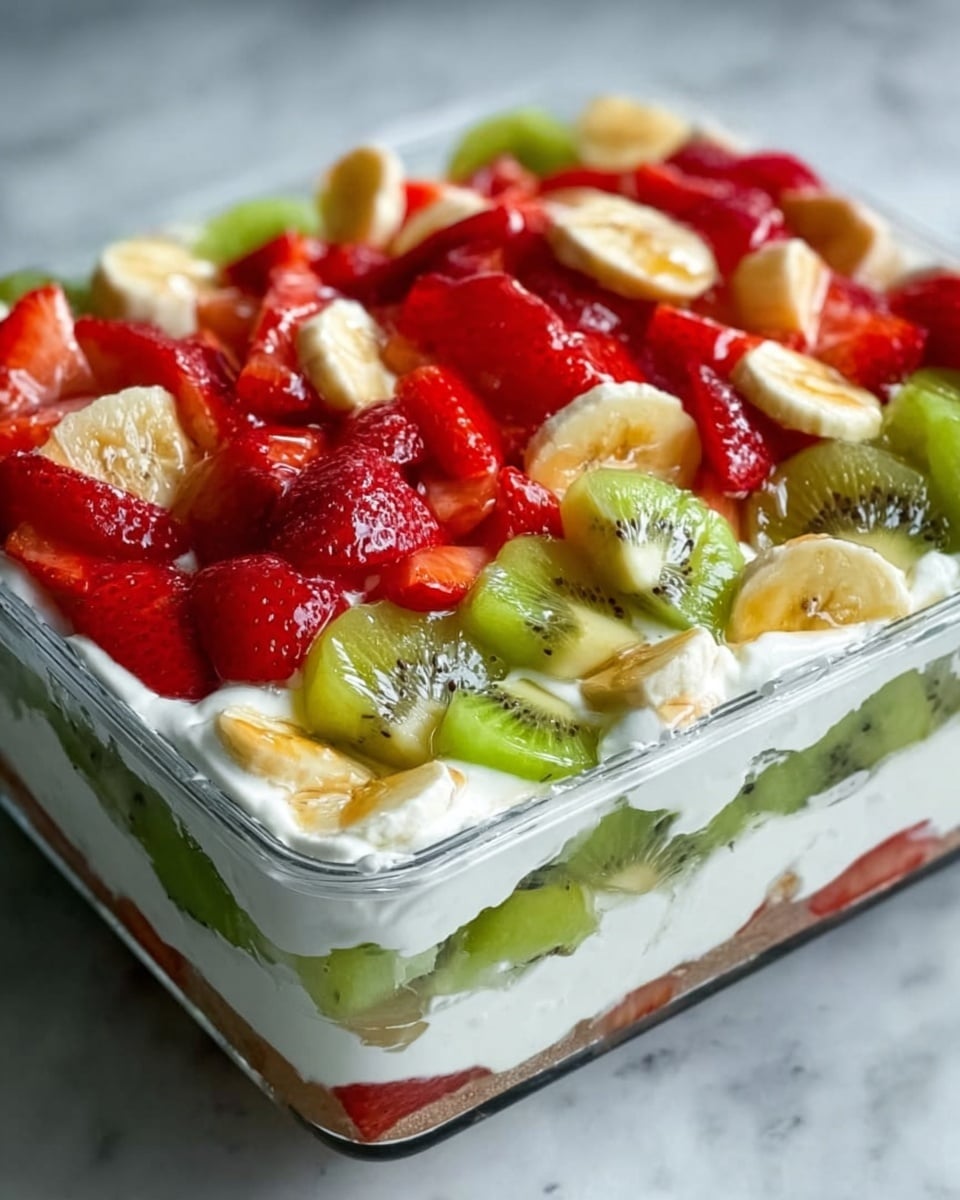 A clear glass dish filled with a layered fruit salad, showing distinct layers of fresh fruits. The bottom layer is made up of sliced green kiwis with visible seeds and a juicy texture. Above it, there is a layer of thick white yogurt or cream, smooth and creamy. On top, there is an arrangement of sliced red strawberries and small banana pieces, adding bright red and light yellow colors. The fruits look fresh and juicy with some shine. The dish is placed on a white marbled surface. Photo taken with an iphone --ar 4:5 --v 7