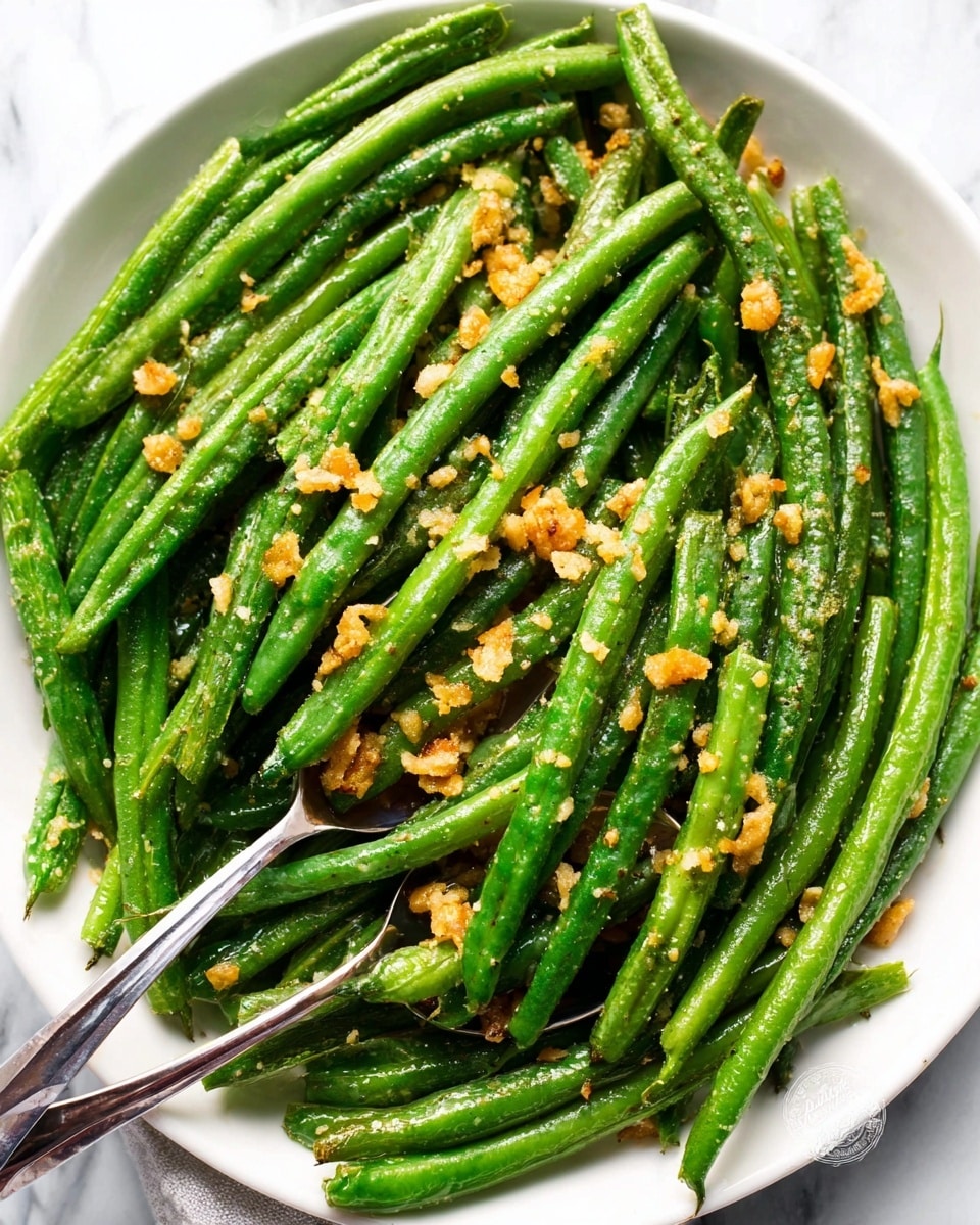 A white plate filled with bright green cooked green beans, arranged close together covering the plate. The green beans are sprinkled with small bits of golden brown toasted garlic on top, adding texture and color contrast. Two silver serving spoons rest on the green beans, with one spoon slightly coated with the garlic pieces. The background surface is a white marbled texture. photo taken with an iphone --ar 4:5 --v 7