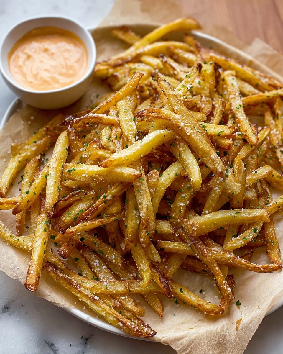 A large pile of golden, crispy French fries with uneven edges sits on a sheet of light brown parchment paper that covers a white plate. The fries have a light sprinkling of green herbs and small white salt grains, adding texture. To the top left of the plate, there is a small white bowl filled with creamy light orange dipping sauce. The whole setup is placed on a white marbled surface with a warm, cozy feel. photo taken with an iphone --ar 4:5 --v 7