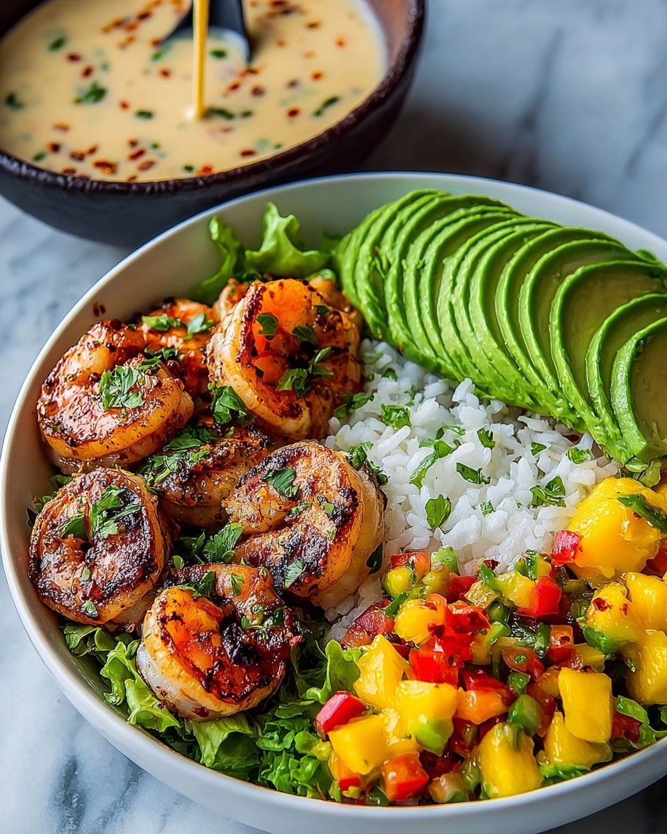 A white bowl contains a colorful shrimp bowl with visible layers, starting at the bottom with white rice, followed by a layer of grilled shrimp with a charred texture and sprinkled with chopped green herbs, placed at the front of the bowl. To the right, there is a bright yellow mango salsa mixed with red and green diced peppers and herbs, adding a fresh and vibrant look. On the left side, there are several slices of ripe avocado, light green with darker green edges, fanned beside the shrimp. In the background, another similar bowl is partially visible along with a dark bowl holding a creamy light beige sauce being poured, all placed on a white marbled textured surface. photo taken with an iphone --ar 4:5 --v 7
