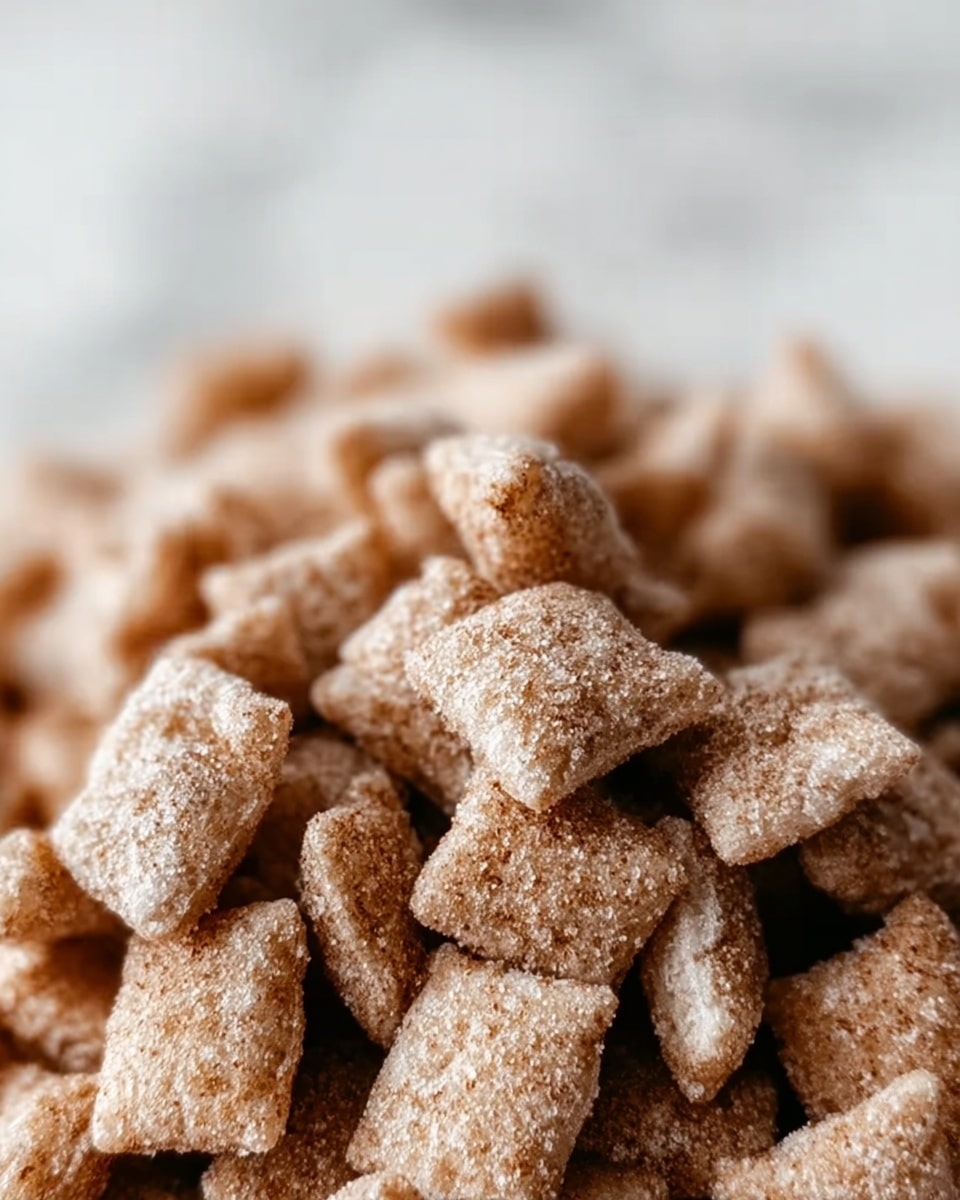 The image shows a close-up of many small square cereal pieces piled together with a visible sugar and cinnamon coating giving them a grainy texture. The cereal squares are light brown with some white sugar crystals and have soft edges. The background is softly blurred with a white marbled texture. photo taken with an iphone --ar 4:5 --v 7