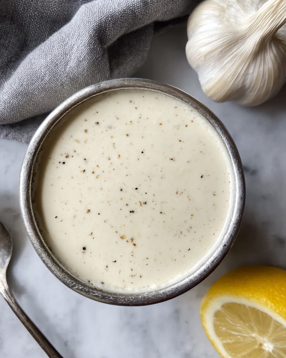 A close-up image shows a small round metal bowl filled with a creamy white sauce, topped with small black pepper specks scattered evenly across its smooth surface. Next to the bowl on the white marbled surface lie a garlic bulb on the right and a quarter of a bright yellow lemon at the top right corner. A silver spoon with a bit of reflection and a gray cloth napkin are visible behind the bowl, adding texture to the scene. The colors are soft and natural, focusing on the creamy texture of the sauce and the contrasting dark pepper bits. photo taken with an iphone --ar 4:5 --v 7