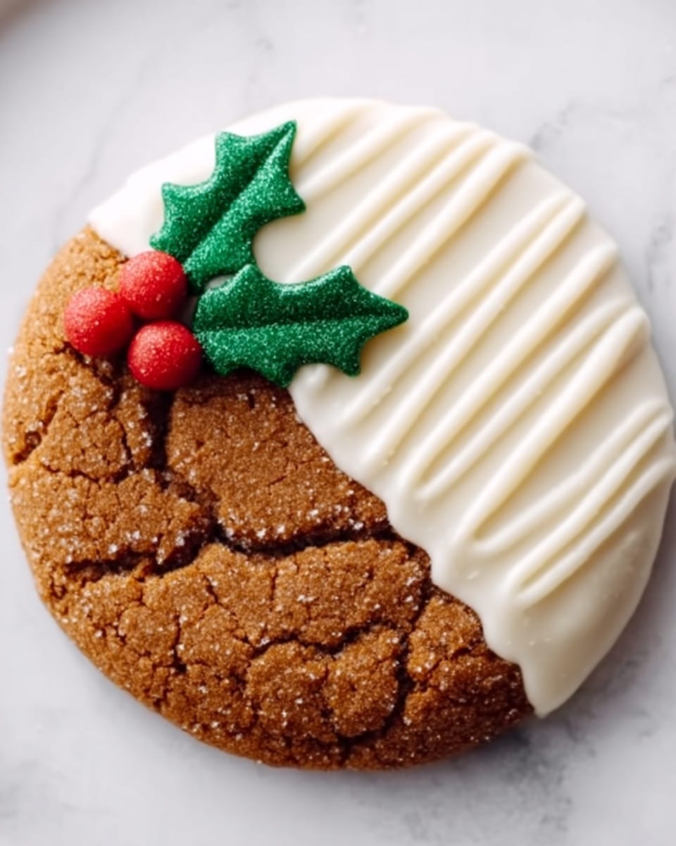 A round cookie with a cracked brown surface on the left side, and the right side covered in smooth white icing that drapes over the edge with soft folds. On top near the dividing line between cookie and icing, there is a small decoration of three green leaves and three red berries, giving a festive look. The cookie is placed on a white plate against a white marbled surface. photo taken with an iphone --ar 4:5 --v 7