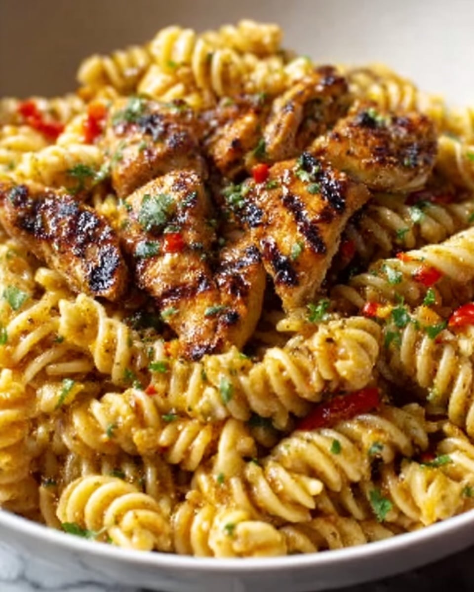 A close-up view of a white bowl filled with rotini pasta, showing a creamy light yellow sauce coating each spiral. On top, there are several browned pieces of grilled chicken scattered evenly, with some small red chili pepper slices and bits of green herbs sprinkled throughout for color contrast. The chicken has a slightly crispy texture with char marks, and the dish looks warm and inviting, placed on a white marbled surface. Photo taken with an iphone --ar 4:5 --v 7