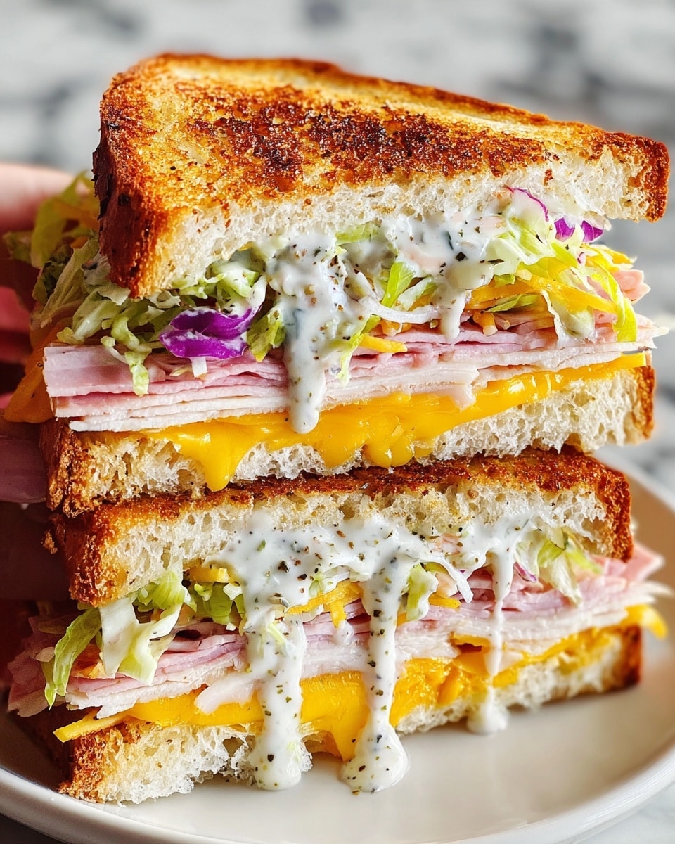 The image shows a close-up of a sandwich cut in half, stacked with layers. The bottom layer is toasted bread that is golden brown and crispy. On top of the bread are several slices of light pink turkey meat, followed by thin slices of reddish ham. Above the meats is a layer of melted yellow cheddar cheese dripping slightly. On top of the cheese, there is shredded green lettuce, thin slices of purple-red onion, and bits of tomato. The sandwich is finished with a creamy white sauce that has visible black pepper specks, dripping down the sides. The two sandwich halves are held together by a woman's hand, and the background features a white marbled texture. photo taken with an iphone --ar 4:5 --v 7