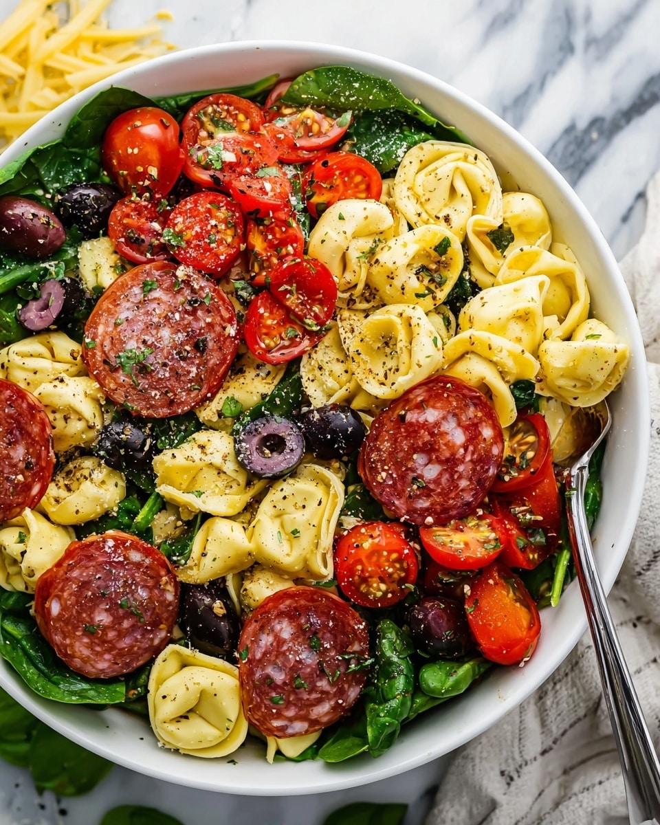 A white bowl filled with a fresh pasta salad shows three main layers: the base is made of bright green spinach leaves, the middle layer consists of yellow tortellini pasta with a soft texture, and the top layer has red halved cherry tomatoes, dark purple olives, and thin round slices of salami with visible white fat spots. The ingredients are mixed evenly, sprinkled with black pepper and herbs for a fresh look. The bowl sits on a white marbled surface with a metal fork placed inside, ready to eat. photo taken with an iphone --ar 4:5 --v 7