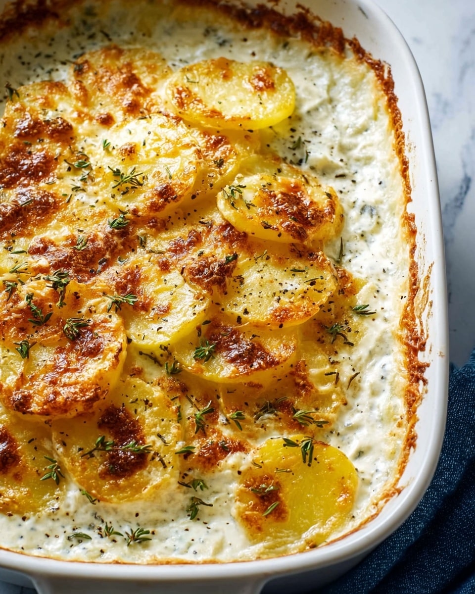 The image shows a close-up of a white rectangular baking dish filled with creamy potato gratin. The dish has several layers of thin potato slices, visible on top as golden yellow with patches of browned, crispy spots from melted cheese. The potatoes are arranged neatly in rows, partially submerged in a rich white sauce that looks creamy and smooth. The top layer is sprinkled with fresh green thyme sprigs and cracked black pepper. The edges of the dish have a slightly browned, bubbly texture, showing the cheese has melted and crisped perfectly. The entire dish rests on a white marbled surface with a blue cloth partially visible in the background. Photo taken with an iphone --ar 4:5 --v 7
