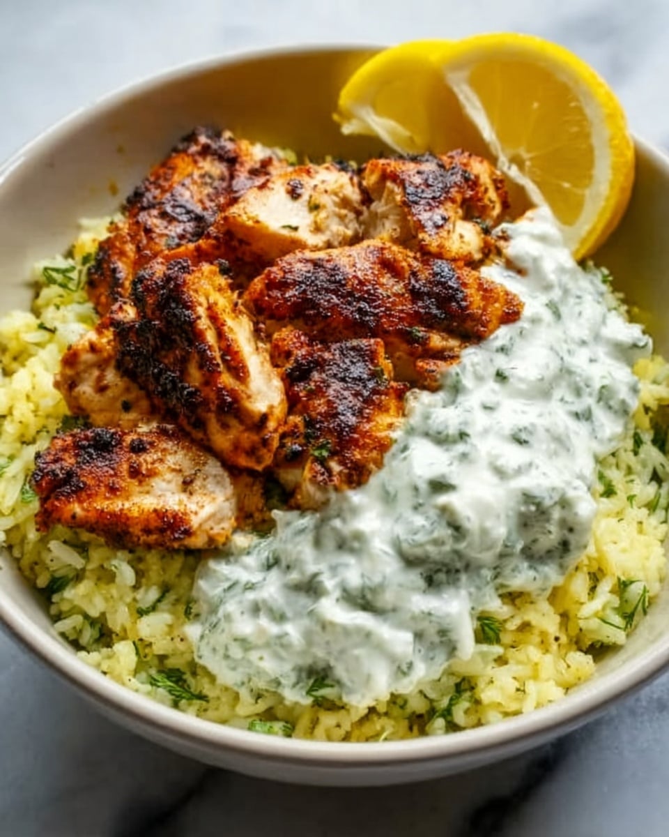 A bowl filled with three layers: the bottom layer is yellow rice with green herbs mixed in, the middle layer is a thick, creamy white sauce with green flecks, and the top layer features three pieces of grilled chicken with a golden-brown, slightly charred texture. A lemon wedge rests on the side inside the white bowl, which is placed on a white marbled surface. photo taken with an iphone --ar 4:5 --v 7
