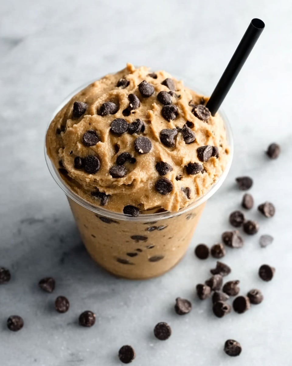 A clear plastic cup filled with creamy, light brown cookie dough mixed with many small dark chocolate chips throughout. The top is piled high with the dough forming soft peaks and more chocolate chips sprinkled all over. A black straw stands inside the cup on the right side. The cup sits on a white marbled surface with some chocolate chips scattered around in the background. Photo taken with an iphone --ar 4:5 --v 7