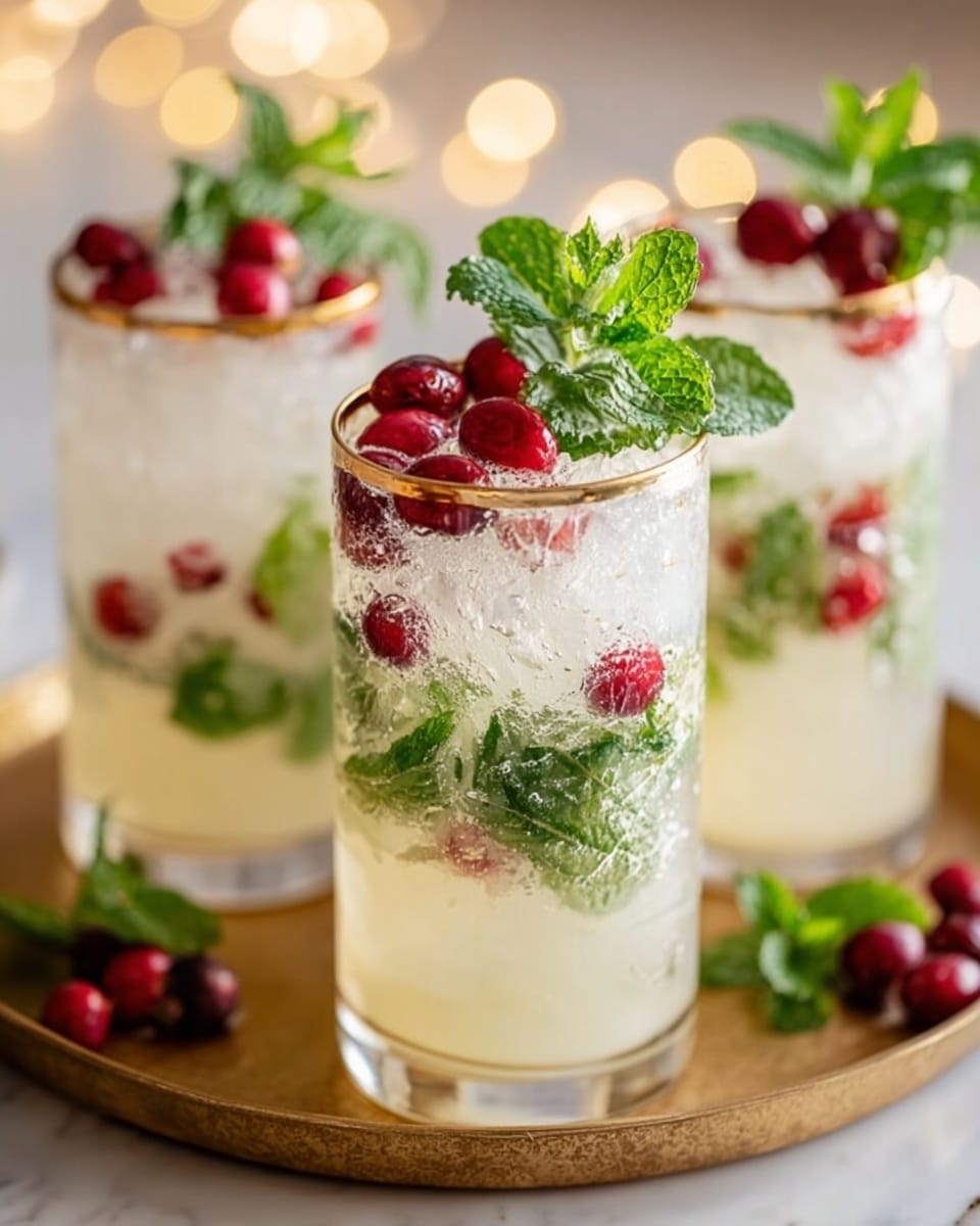 The image shows three clear glasses filled with a refreshing drink, each glass placed on a white marbled surface with soft round lights in the background. The drink has a bottom layer of pale yellow liquid mixed with crushed ice and scattered green mint leaves floating inside. On top, the crushed ice rises above the rim, decorated with bright red cranberries and fresh green mint leaves sitting at the center. One of the glasses is placed on a old brass tray with extra cranberries scattered around, enhancing the vibrant colors of the drink. photo taken with an iphone --ar 4:5 --v 7
