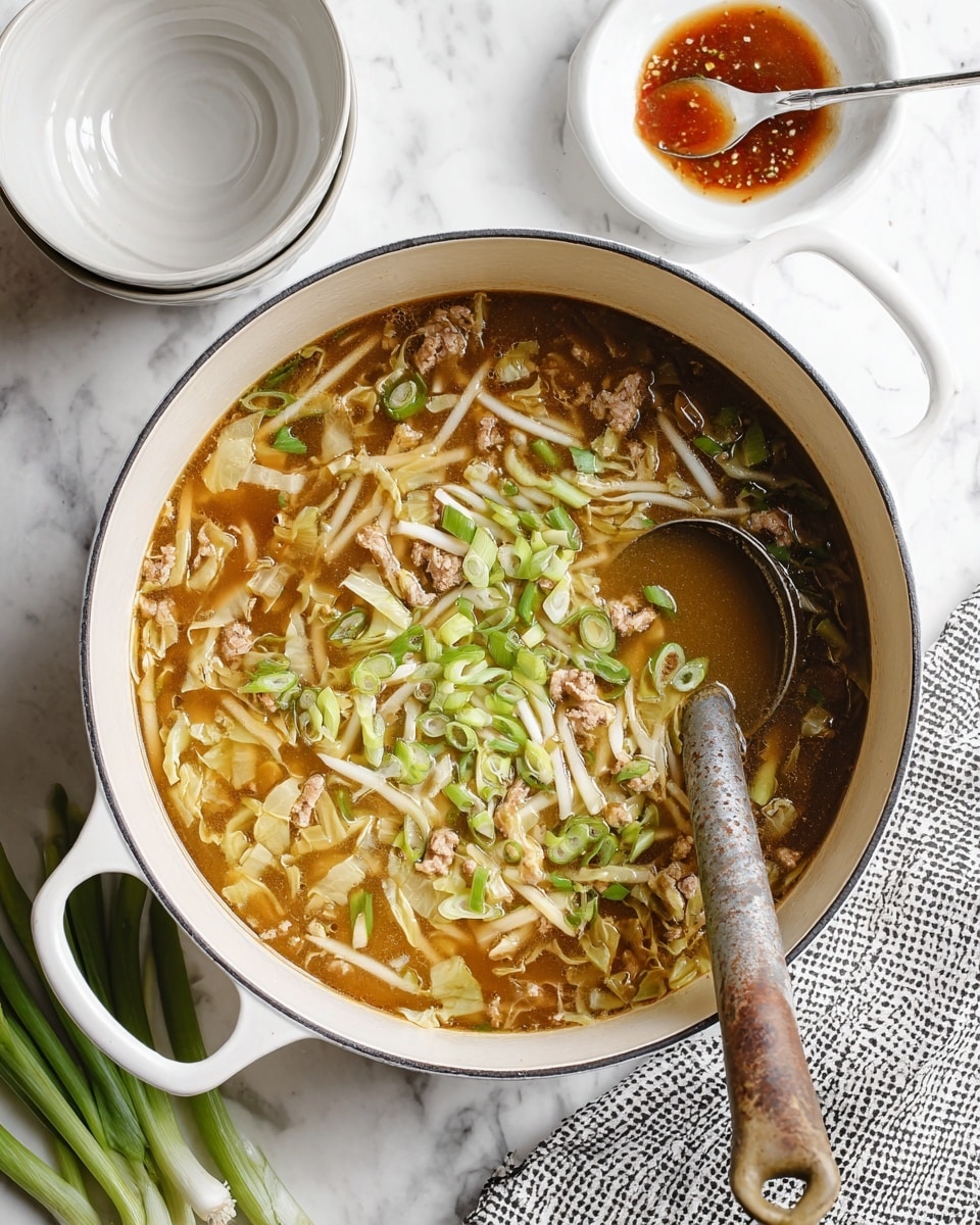 A white pot filled with a light brown soup that has shredded cabbage, small pieces of ground meat, thin carrot strips, and sliced green onions floating on top, giving a mix of light beige, orange, and green colors; a large spoon with a wooden handle is resting inside the pot. Next to the pot are a small white bowl with red sauce and a silver spoon, a stack of white bowls, some fresh green onions, and a folded white and black checkered cloth, all on a white marbled surface. photo taken with an iphone --ar 4:5 --v 7