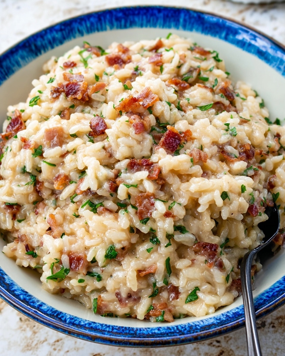 A close-up image shows a creamy risotto dish in a white bowl with a blue interior rim. The risotto has soft, plump rice grains mixed with small pieces of browned, crispy bacon and finely chopped green herbs scattered throughout. The creamy texture of the rice makes the dish look rich and smooth, while the bits of bacon add a crispy contrast. A black spoon is partially visible on the right side of the bowl, resting against the risotto. The bowl is set on a white marbled surface. photo taken with an iphone --ar 4:5 --v 7
