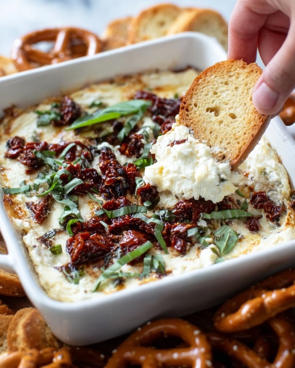 The image shows a white square ceramic dish filled with a creamy, white cheese layer topped with pieces of dark red sun-dried tomatoes and chopped fresh green basil leaves, giving a mix of smooth, oily, and leafy textures. A woman's hand is dipping a light golden toasted bread slice into the cheesy dip, scooping up a thick, rich portion with some toppings. Around the dish, there are more toasted bread slices and pretzels scattered on a white marbled surface, adding contrast and variety. The lighting is soft, making the cheese look smooth and the tomatoes shiny. photo taken with an iphone --ar 4:5 --v 7