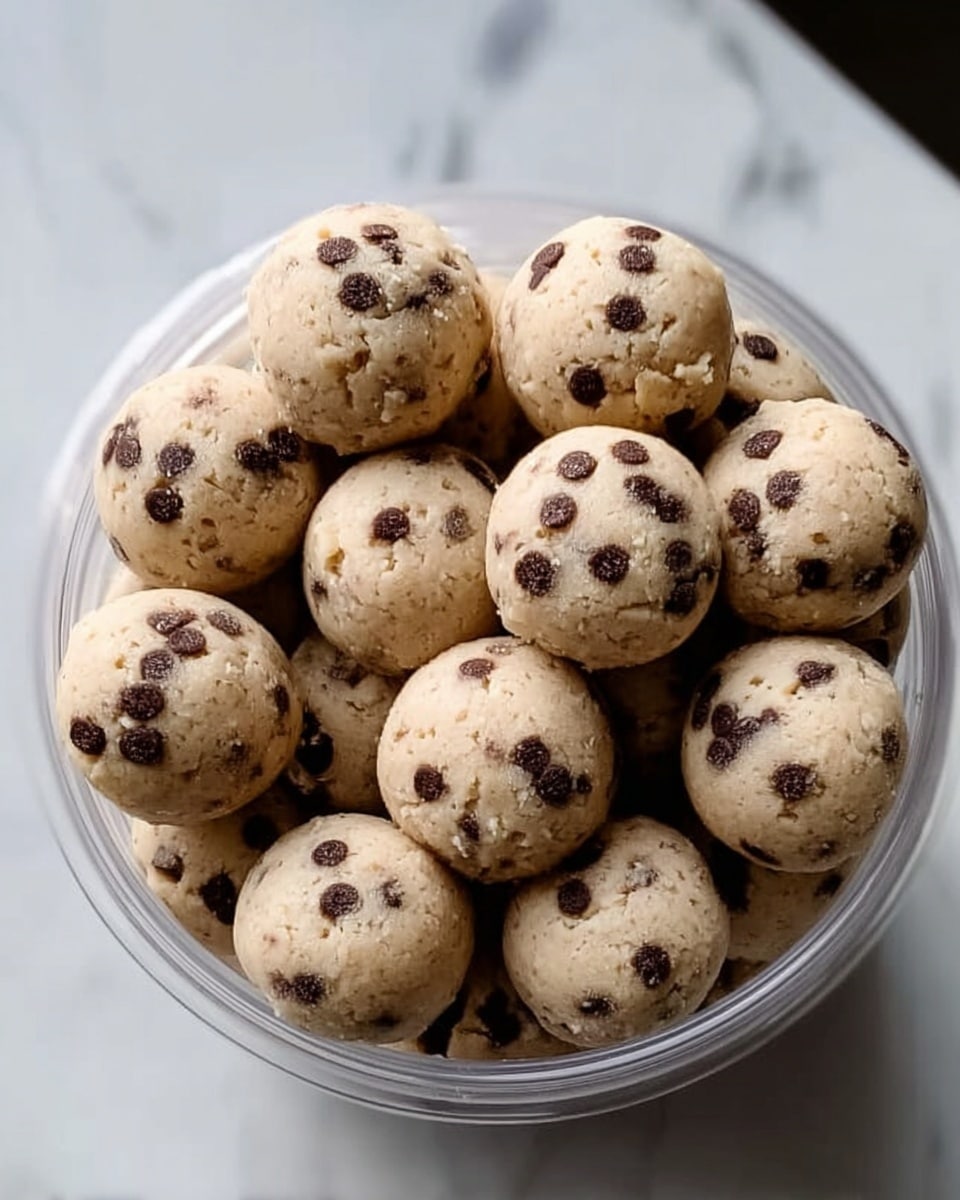 A close-up view of many round cookie dough balls covered with small dark chocolate chips, placed inside a clear square container. The dough has a light beige color with specks of chocolate scattered evenly throughout. The balls have a smooth, slightly textured surface, and the container is set on a white marbled texture surface. photo taken with an iphone --ar 4:5 --v 7