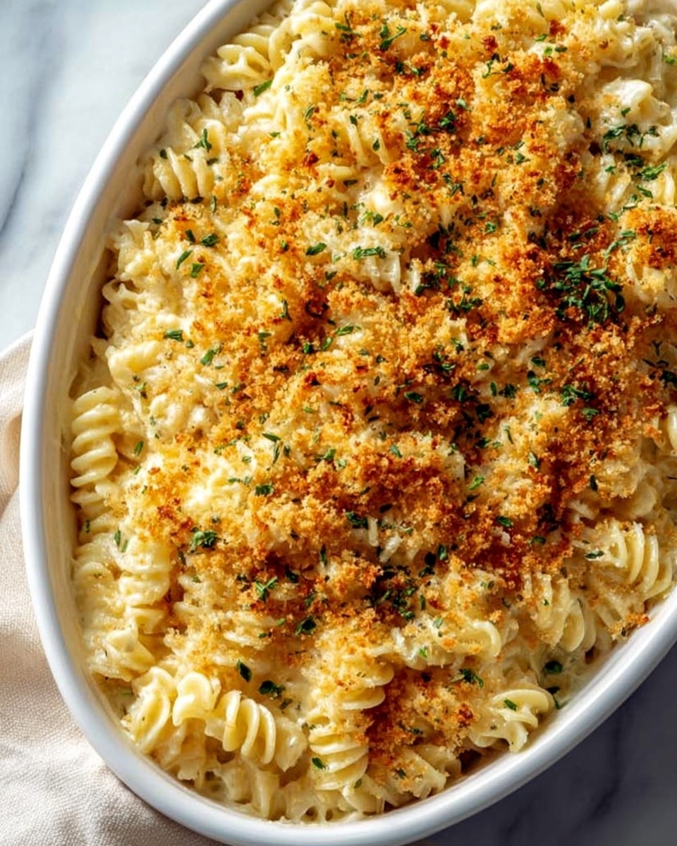A close-up view of a white oval baking dish filled with a baked pasta casserole with three visible layers. The bottom layer has creamy white sauce mixed with spiral rotini pasta in off-white color. The middle layer shows more pasta coated with sauce. The top layer is golden brown crispy breadcrumbs with some small green herbs sprinkled over. The dish rests on a white marbled surface with a light-colored cloth nearby. Photo taken with an iphone --ar 4:5 --v 7