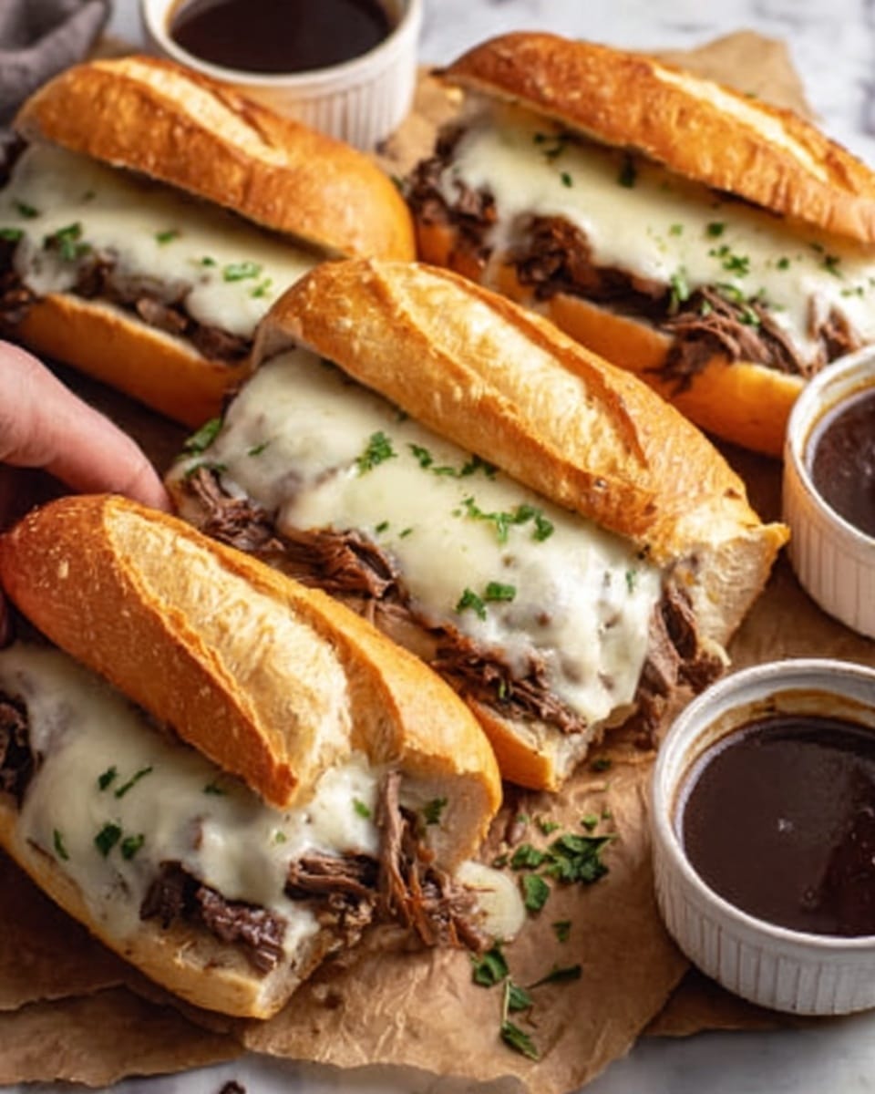 The image shows a close-up of three beef and cheese sandwiches placed side by side on brown parchment paper over a white marbled surface. Each sandwich has a crusty golden-brown baguette sliced open to reveal a generous layer of thinly sliced, juicy, cooked beef inside. On top of the beef, there is a thick layer of melted white cheese that looks gooey and creamy. To the side of the sandwiches, two small white bowls filled with dark brown dipping sauce are visible. One sandwich is slightly opened by a woman's hand, lifting the top bread. Some green herbs are sprinkled around the sandwiches for decoration. Photo taken with an iphone --ar 4:5 --v 7