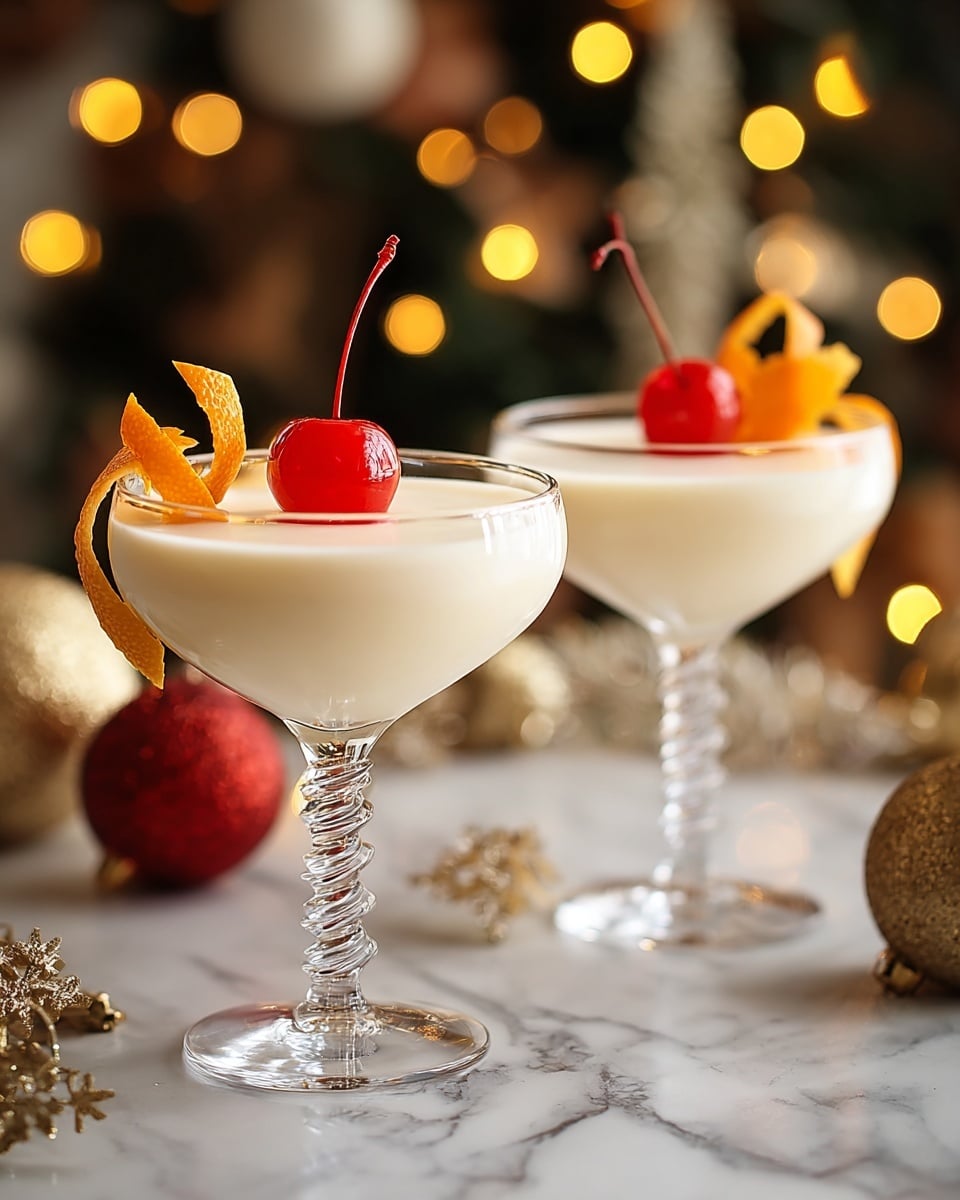 Two clear glass coupe glasses filled with a smooth creamy white drink are placed on a white marbled surface. Each glass has a bright red cherry with a long stem placed in the center on top of the drink. There is a twist of vibrant orange peel curled beside each cherry, rising slightly above the glass rim. The background is softly blurred with warm, yellow fairy lights and a hint of festive decorations in gold and red colors. The glasses have elegant, slightly twisted stems that catch the light, adding a delicate sparkle. photo taken with an iphone --ar 4:5 --v 7