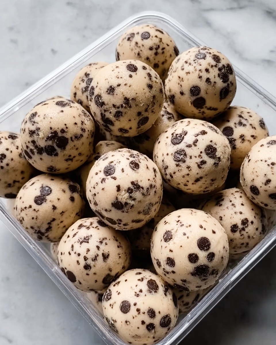 A clear square food container holds many round balls of cookie dough. The dough is light beige with many small and large dark brown chocolate chips spread evenly through each ball. The balls are packed closely together, showing a slightly rough texture with visible pieces of chocolate on the surface. The container sits on a white marbled surface. photo taken with an iphone --ar 4:5 --v 7
