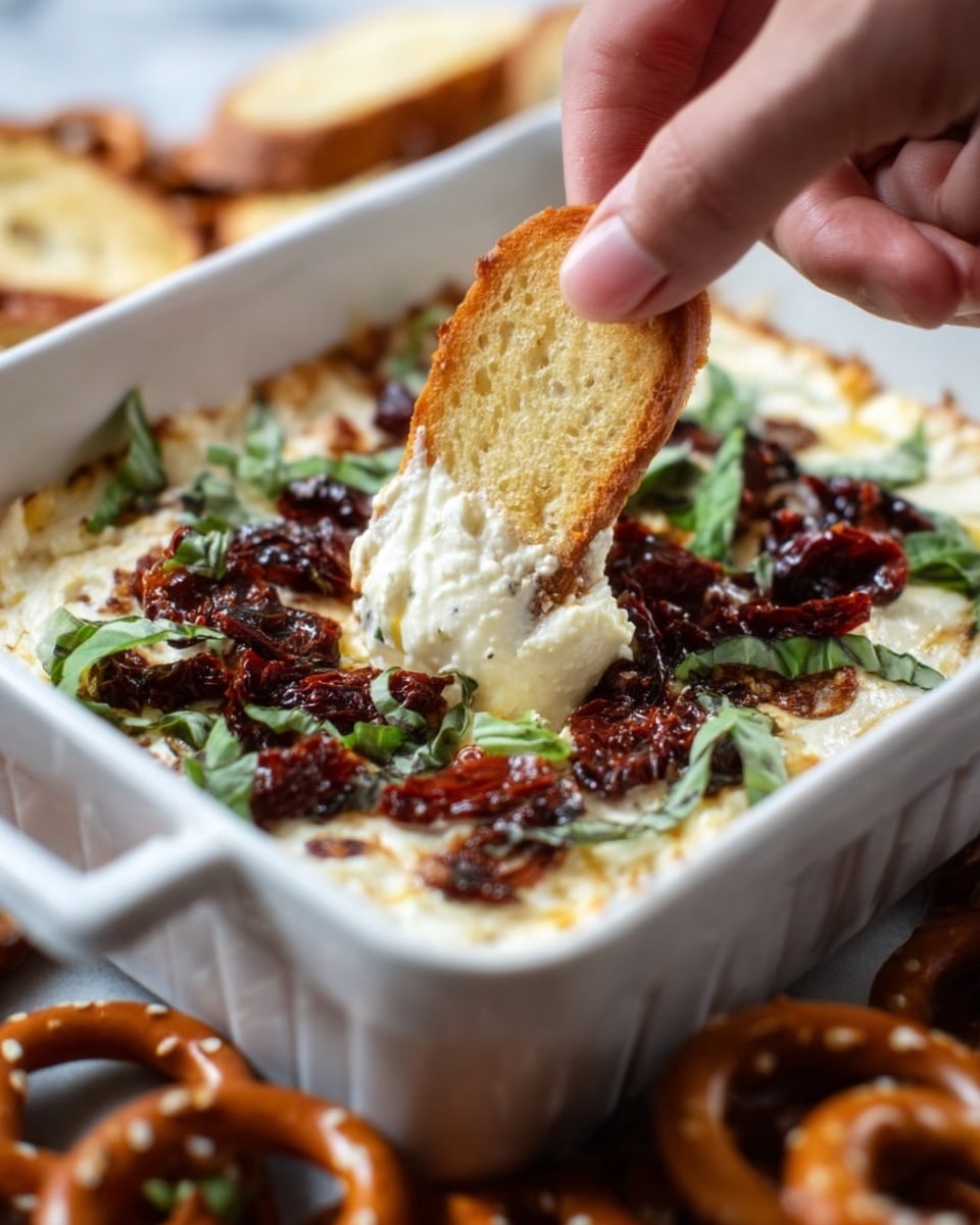 A close-up view of a white square baking dish filled with a creamy white cheese dip topped with chopped sun-dried tomatoes and fresh green basil leaves scattered on the surface. A woman's hand is dipping a round toasted bread slice into the dip, lifting it slightly with the toppings adhering to the bread. Surrounding the dish are more toasted bread slices and pretzels, all placed on a white marbled surface. The cheese in the dip looks smooth and melted, creating a rich and inviting texture. Photo taken with an iphone --ar 4:5 --v 7