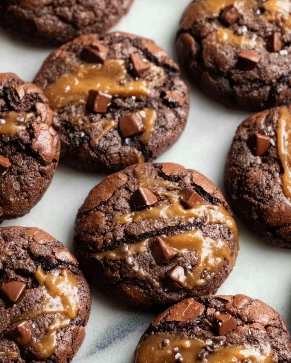The image shows several round chocolate cookies on a white marbled surface. Each cookie has a dark, cracked top layer with rough texture. On top of many cookies, there are shiny caramel swirls mixed with small chocolate chunks scattered unevenly. The cookies are thick and slightly raised from the surface, with rich dark brown color. The close-up view highlights the moist, soft inside visible in the cracks. Photo taken with an iphone --ar 4:5 --v 7