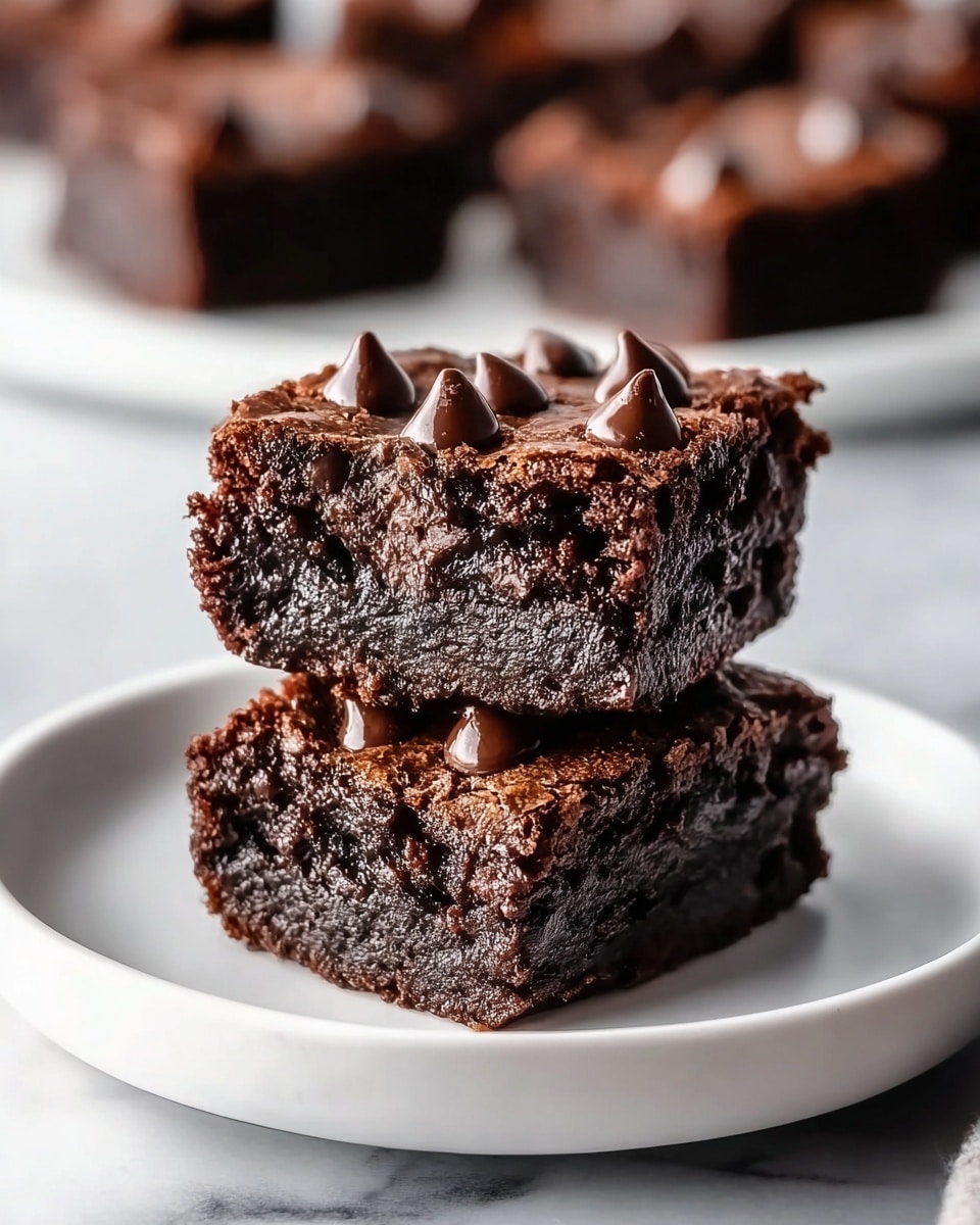 The image shows two dark, moist brownies stacked on a white plate placed on a white marbled surface. Each brownie has a rich, dense texture with visible chocolate chips mixed throughout and several chocolate chips scattered on the shiny, crackled top layer. The brownies are thick, with a deep brown color suggesting a fudgy consistency. In the blurred background, more brownies are visible, keeping the focus on the two stacked pieces in the foreground. Photo taken with an iphone --ar 4:5 --v 7