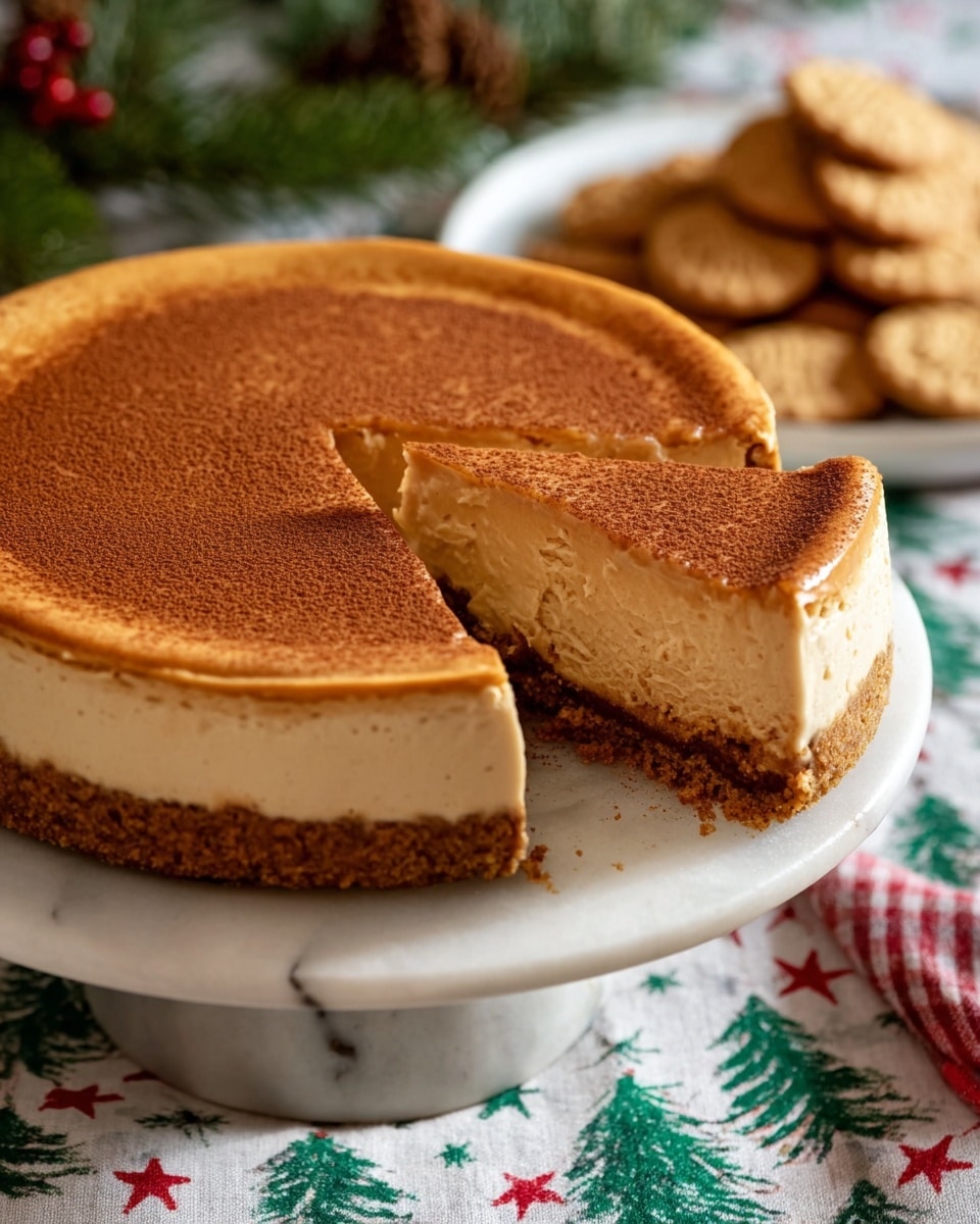 A cheesecake with three visible layers sits on a white marbled cake stand; the bottom crust layer is crumbly and dark brown, the middle layer is thick and creamy pale beige with a smooth texture, and the top layer is a slightly darker golden brown with a soft, matte finish dusted with a fine sprinkle of cinnamon or cocoa powder; one slice is removed, showing the clean edges between layers. In the background, a white plate holds round cookies, and the scene is set on a white marbled surface with Christmas-themed green and red patterned fabric and pine branches, creating a festive atmosphere. photo taken with an iphone --ar 4:5 --v 7