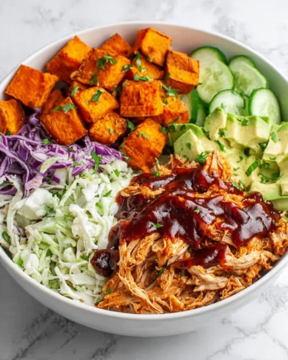 A white bowl filled with three main sections arranged side by side: on the left, shredded chicken topped with a red barbecue sauce; in the middle, thin slices of green cucumber partly covering finely chopped light green and purple cabbage; and on the right, golden-brown roasted sweet potato cubes garnished with small green herbs. The bowl sits on a white marbled surface. Photo taken with an iphone --ar 4:5 --v 7