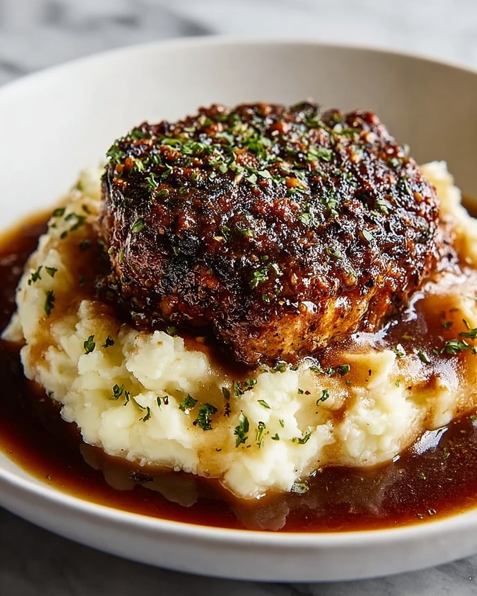 A close-up of a dish with two layers on a white plate set on a white marbled surface; the bottom layer is a mound of creamy mashed potatoes with a smooth, slightly lumpy texture and a pale off-white color, topped with a thick dark brown sauce that pools around the edges, and the top layer is a large, browned piece of meat with a crispy, herb-crusted surface showing green flecks of herbs and a slightly charred texture, also covered lightly in the sauce. photo taken with an iphone --ar 4:5 --v 7