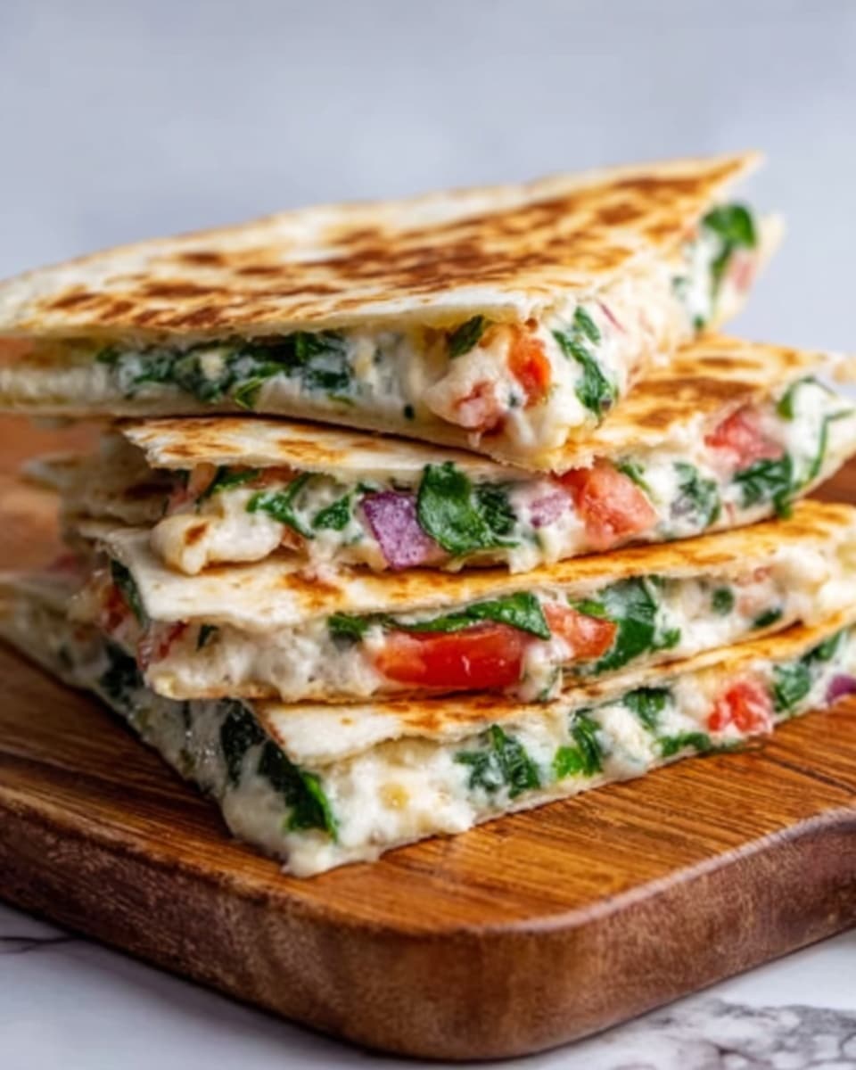 A stack of four triangular quesadilla slices is neatly arranged on a wooden board, each slice showing three layers inside: melted white cheese with bits of bright red tomato and green spinach leaves, all sandwiched between crispy, golden brown toasted tortillas with dark grill marks. The edges of the tortillas are slightly raised, showing a soft interior contrasting the crunchy outside. The wooden board sits on a white marbled surface, highlighting the warm colors and textures of the quesadilla. photo taken with an iphone --ar 4:5 --v 7