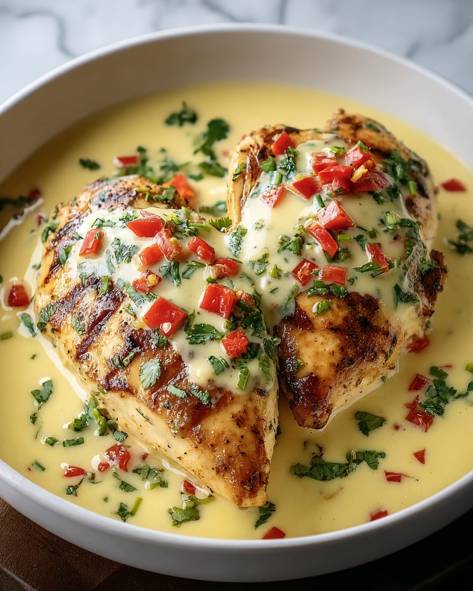 The image shows two pieces of grilled chicken breast with a golden-brown sear on a white bowl, covered by a creamy pale yellow sauce with a smooth texture. On top of the sauce, small red chili pieces and chopped green herbs add a fresh contrast and are scattered evenly. The chicken sits on a shallow pool of the same creamy sauce at the bottom of the bowl. The background is a white marbled texture. Photo taken with an iphone --ar 4:5 --v 7